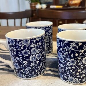 Set of 4 Queen's Victorian Calico Blue & White Floral Tea/Coffee Mugs
